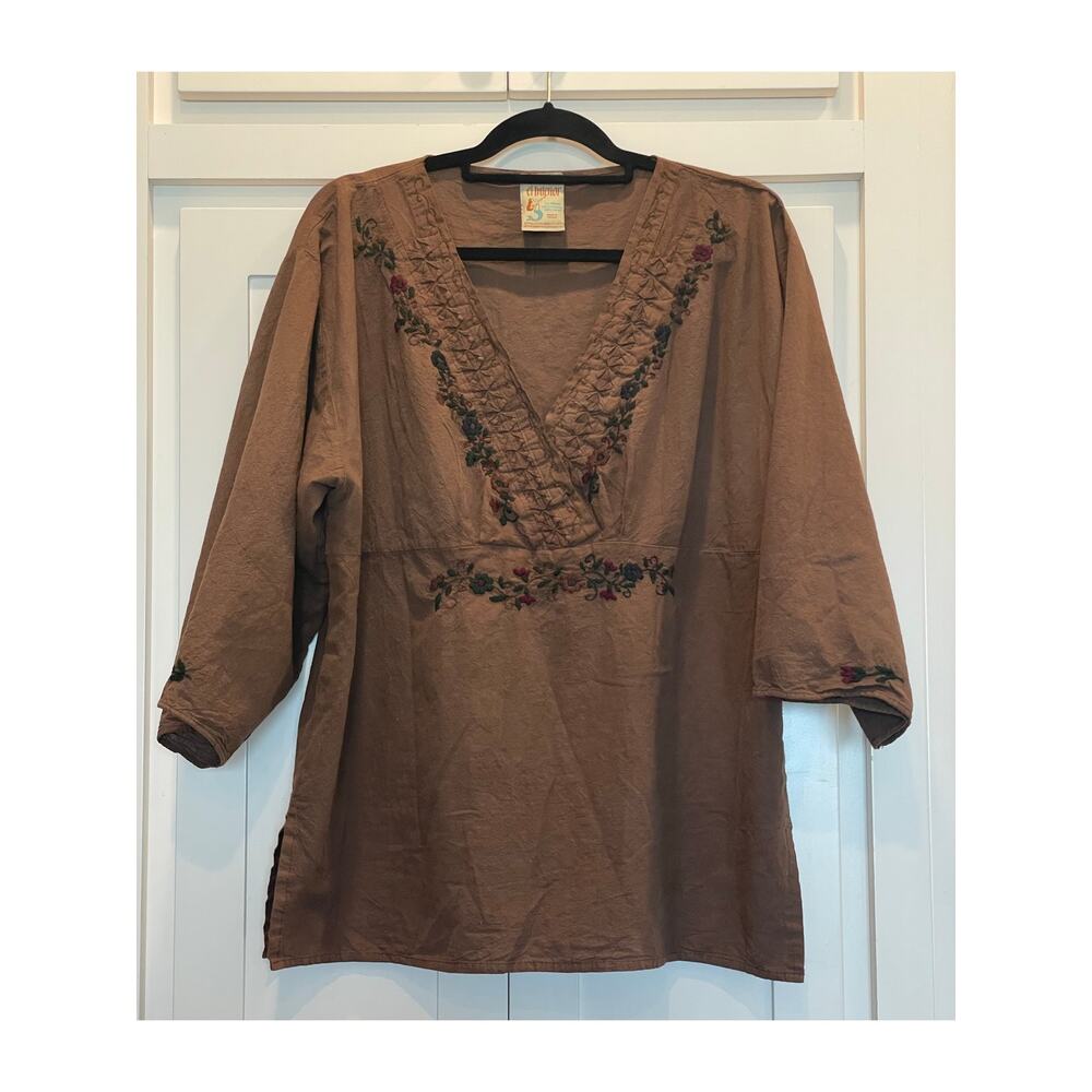 El Interior La Sirena Folk art floral embroidered brown tunic LG 100% Cotton